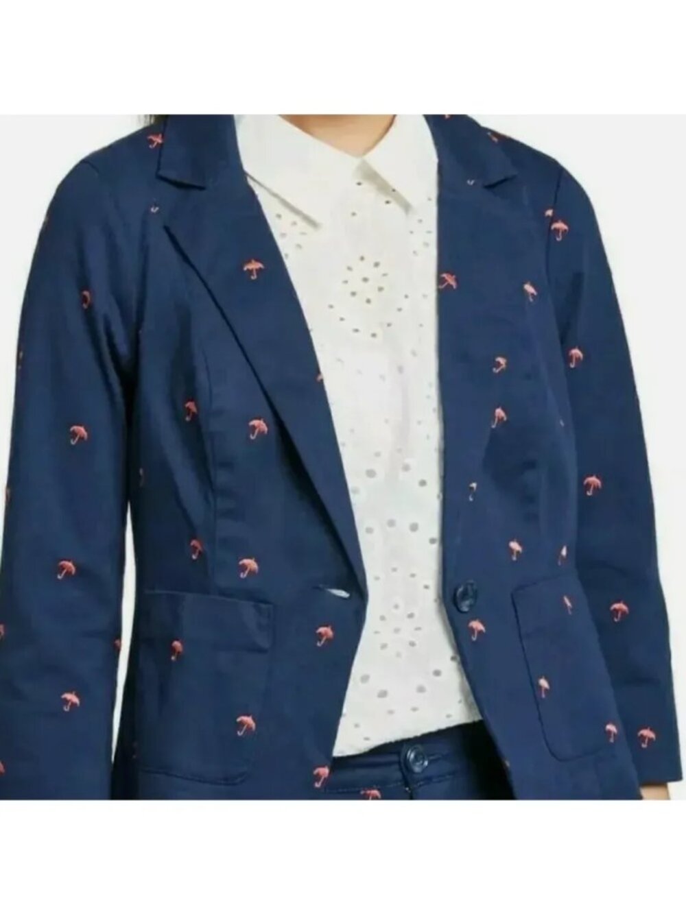 NWOT ModCloth Blue Blazer with Embroidered Umbrellas, Size 14